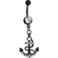 Crystalline Gem Paved Black Anchor Dangle Belly Ring