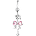 Clear Pink Crystal Bow Heart Dangle Belly Ring