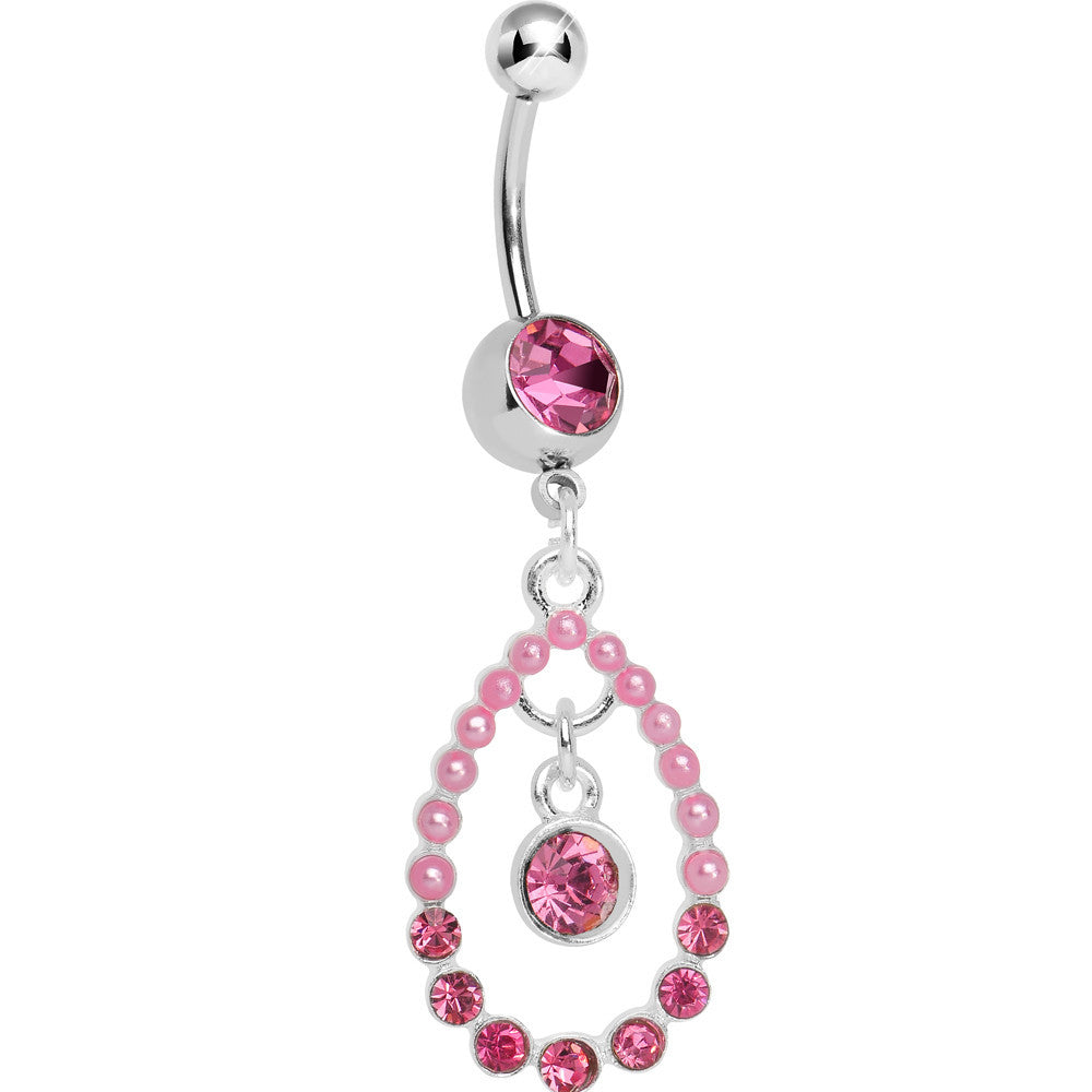 Pink Gem Faux Pearl Teardrop Dangle Belly Ring