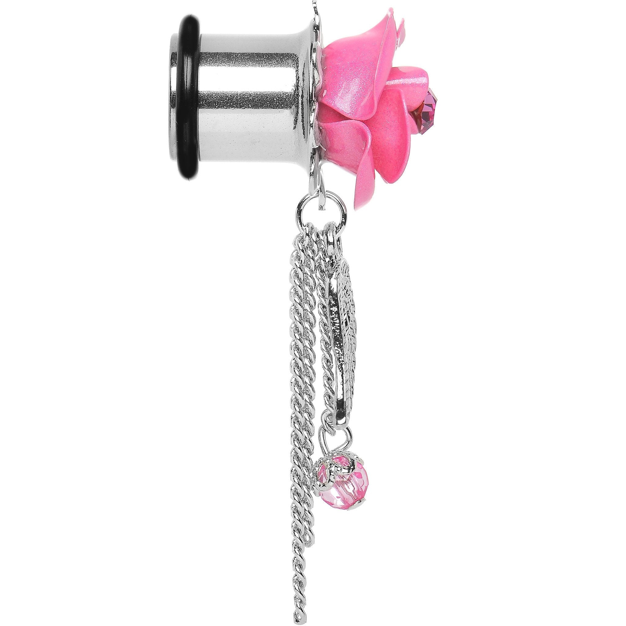 Pink Gem Rose Flower Angel Wing Dangle Plug Sizes 5mm to 12mm