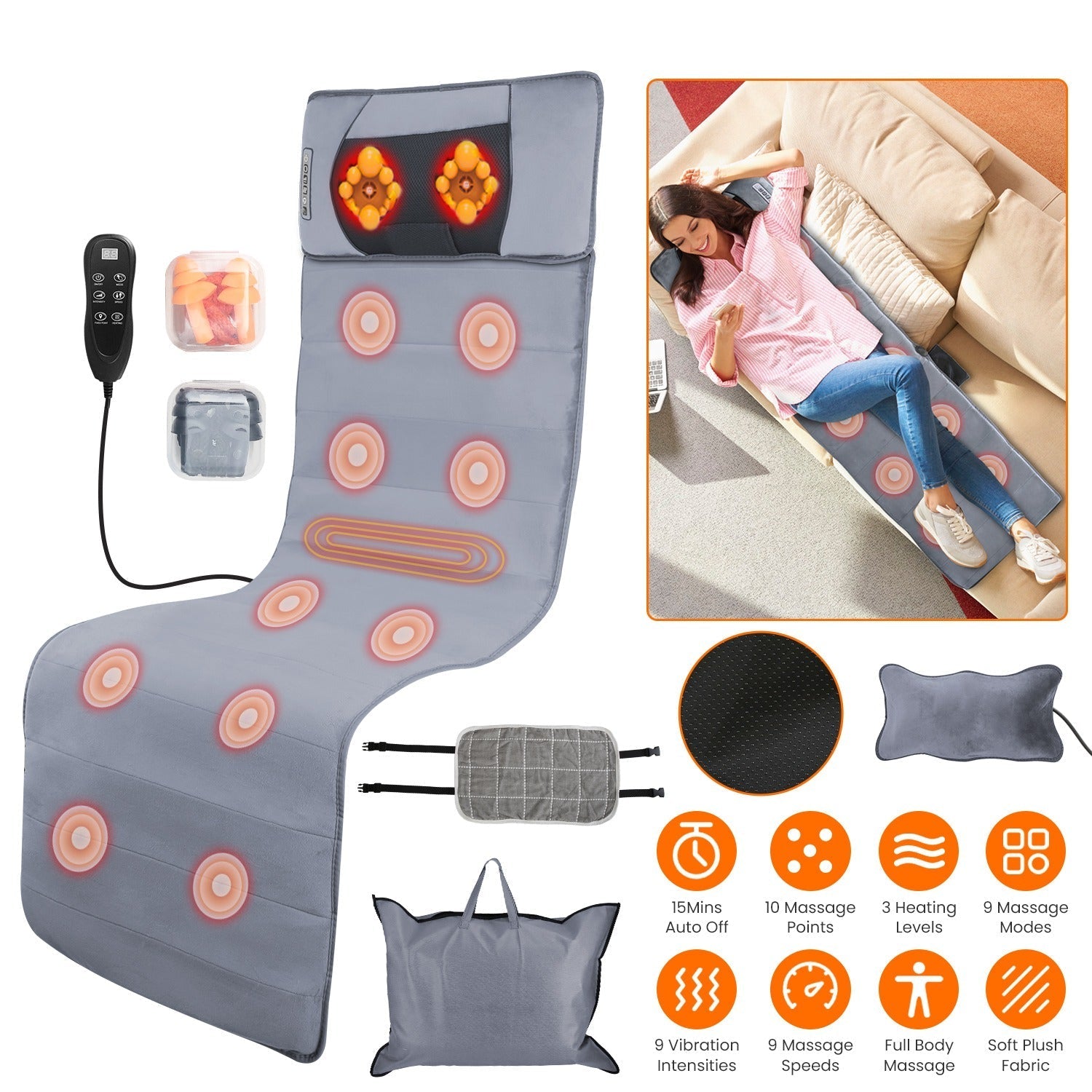 Full Body Electric Massage Mat with Heat Vibration Massage Pad Cushion Back Massage Mattress Chair Pad with Neck Massage Pillow with 10 Vibration Moto