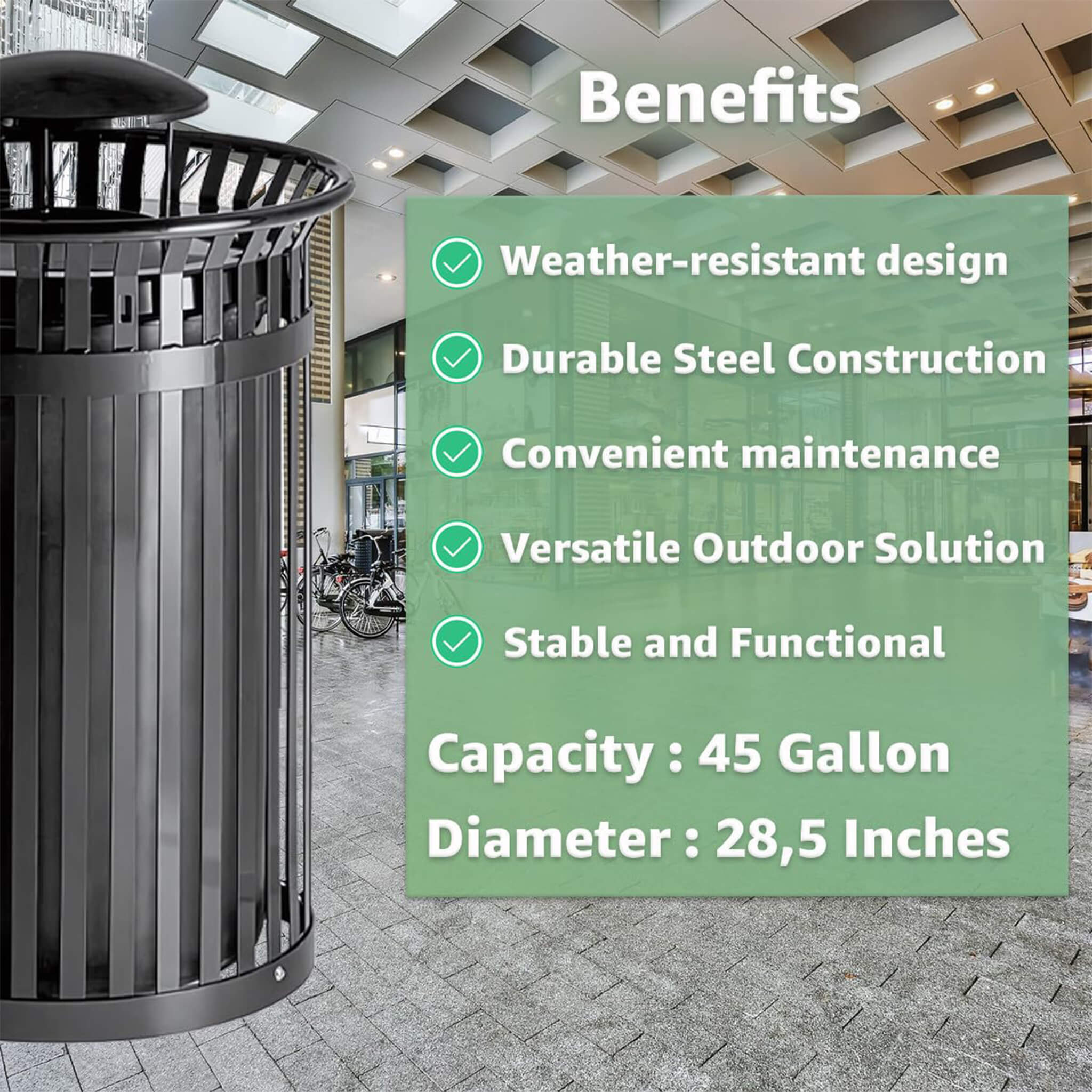 45-Gallon Heavy-Duty Commercial Round Waste Bin With Rain Bonnet Lid (SAK94380)