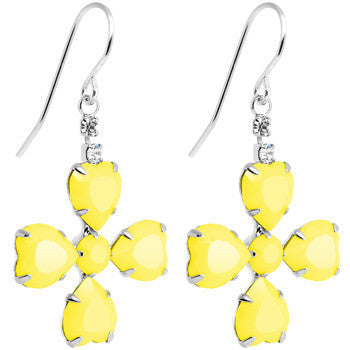 Clear Gem Yellow Neon Four Leaf Flower Dangle Earrings