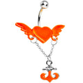 Neon Orange Angel Wing Heart with Nautical Anchor Drop Dangle Belly Ring