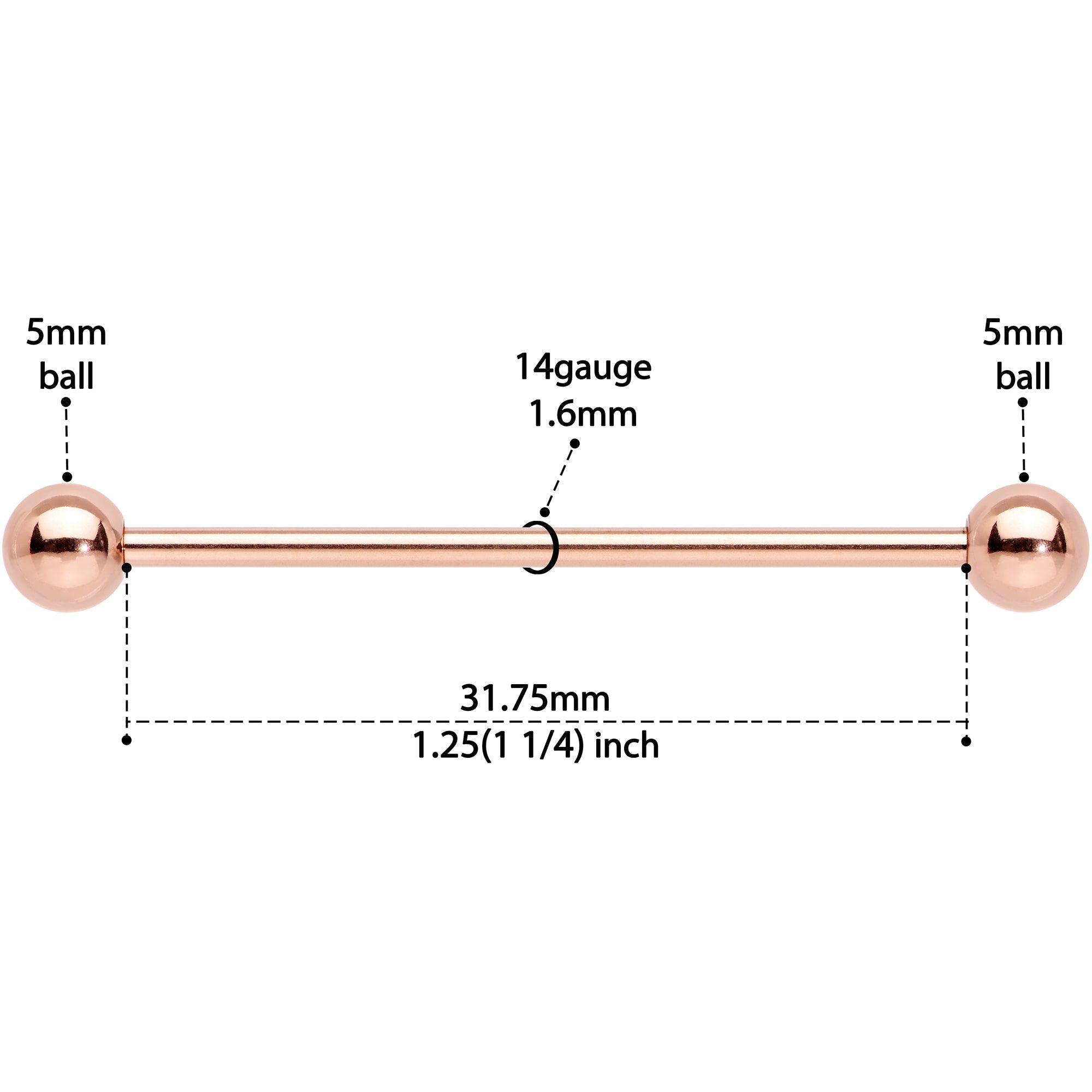 14G 1 1/4 Rose Gold Plated Straight Barbell