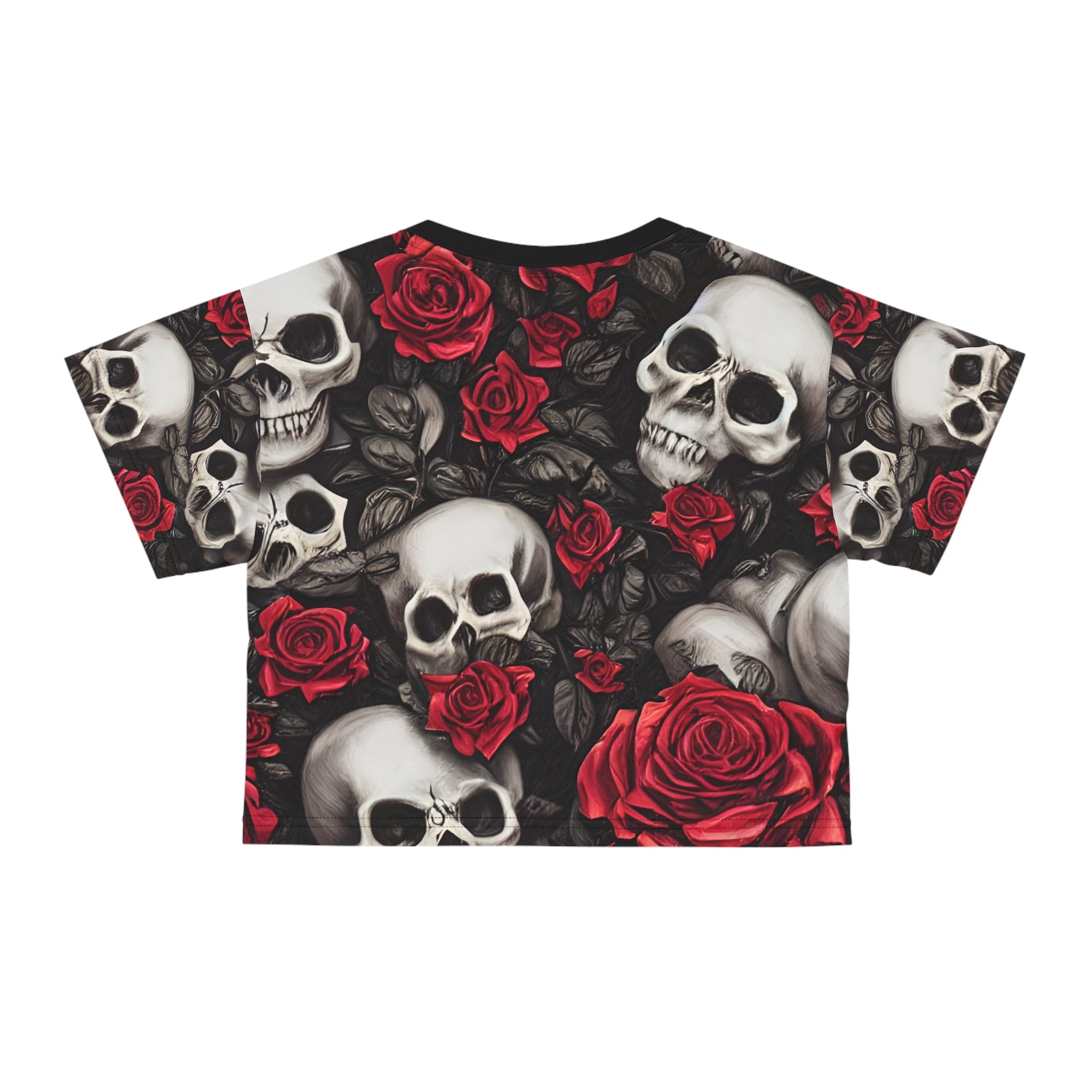 Hyper Realistic Skulls and Red Roses by artist Anne-Laure Goupil Crop Tee (AOP)