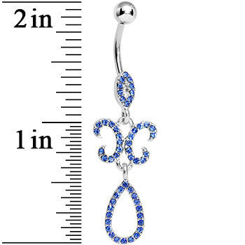 Sapphire Blue Gem Crystalline Fleur di Lis Teardrop Double Dangle Belly Ring