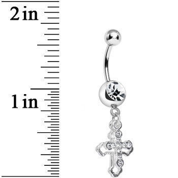 Clear Gem Hollow Cross Charm Double Dangle Belly Ring