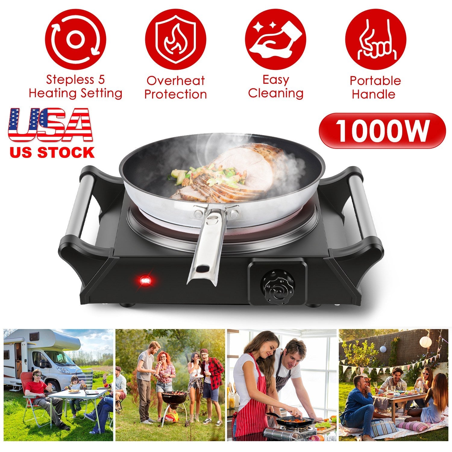 1000W Electric Single Burner Portable Heating Hot Plate Stove Countertop RV Hotplate with 5 Temperature Stepless Adjustments Portable Handles