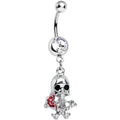 Clear Gem Death in Bloom Skull and Rose Flower Dangle Belly Ring