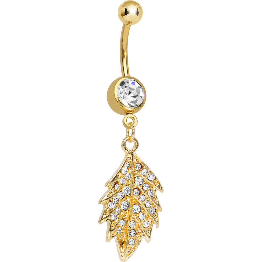 Crystalline Gem Gold Plated Delicate Drifting Leaf Dangle Belly Ring