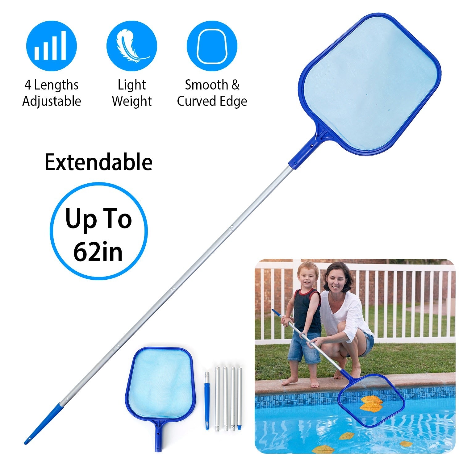 Swinging Pool Skimmer Cleaner Mesh Net Leaf Cleaning Scoop Pool Leaf Rake Debris Skimmer w/ Fine Mesh 4 Telescopic Pole Sections For Swimming Pools Ho