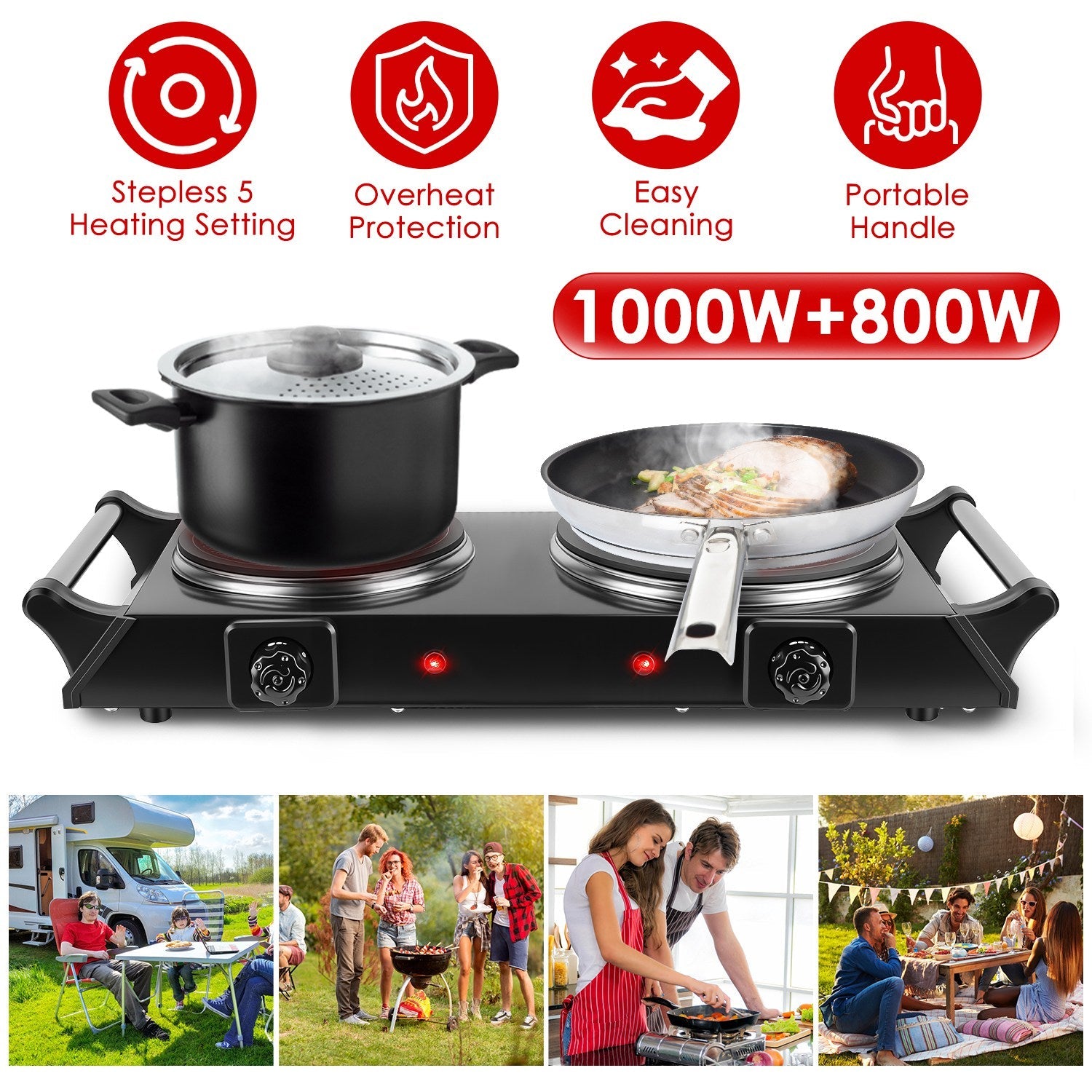 1800W Electric Double Burner Portable Heating Hot Plate Stove Countertop RV Hotplate with 5 Temperature Stepless Adjustments Portable Handles
