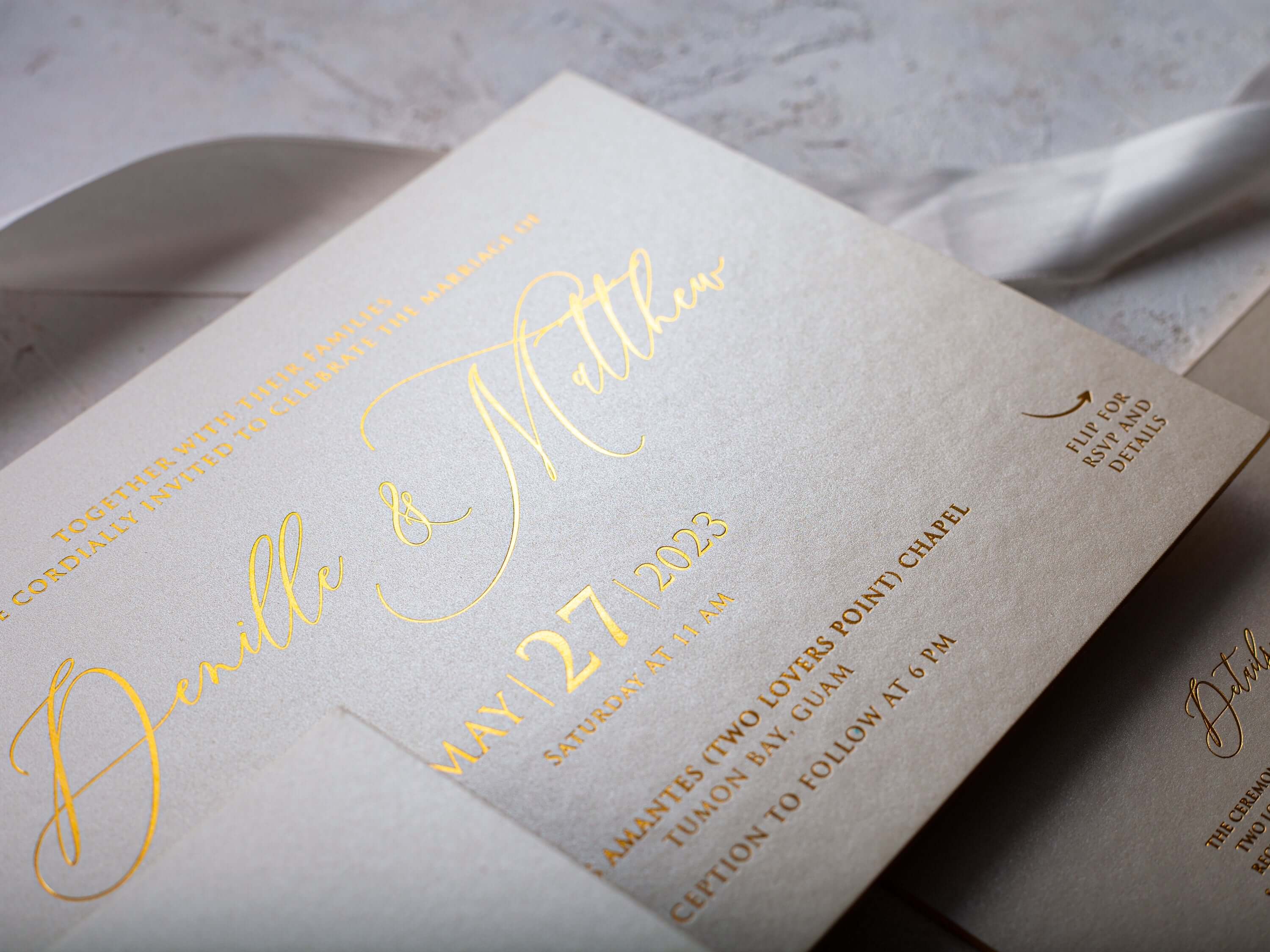 Ivory and Gold Embossed Wedding Invitations - Elegant Stationery Set