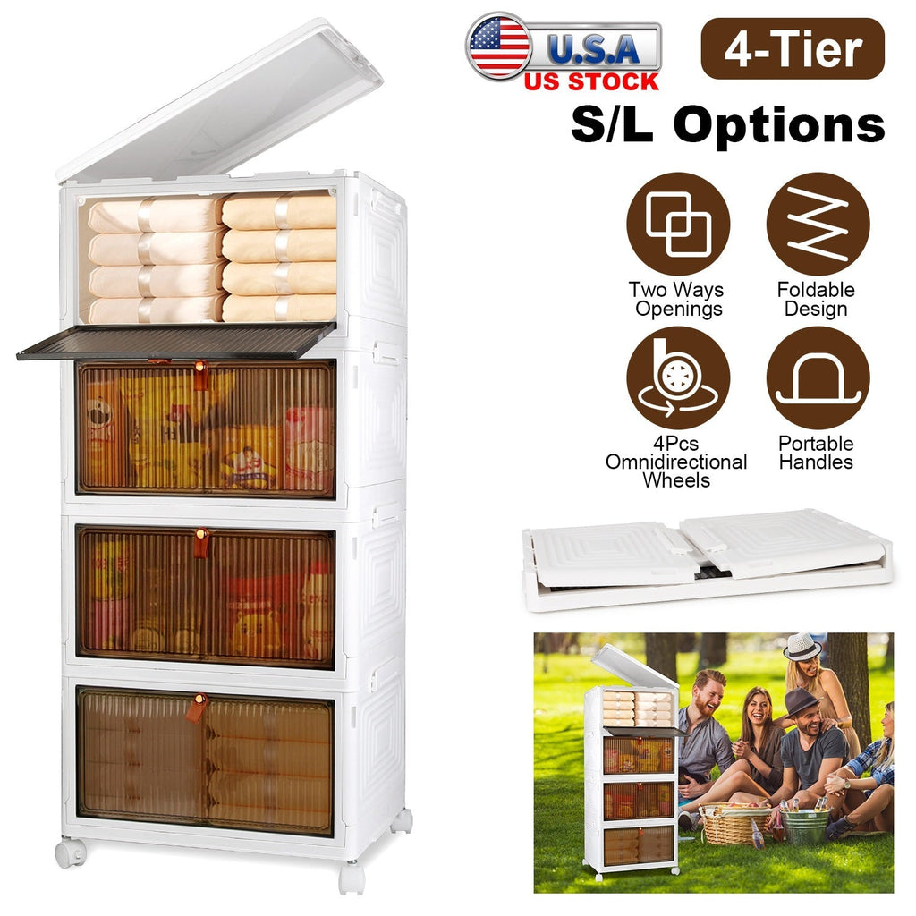 4-Tier Foldable Storage Bins with Lid Front Magnetic Door Collapsible Stackable Closet Organizer Containers with 4Pcs 360¡ Rotatable Wheels