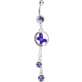 Purple Cubic Zirconia Drops Encircled Butterfly Dangle Belly Ring