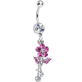 Clear Gem Precious Pink Flower Dangle Belly Ring