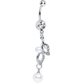 Clear Gem Natural Elegance Leaf Faux Pearl Dangle Belly Ring