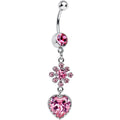 Pink CZ Flower Bomb and Heart Dangle Belly Ring