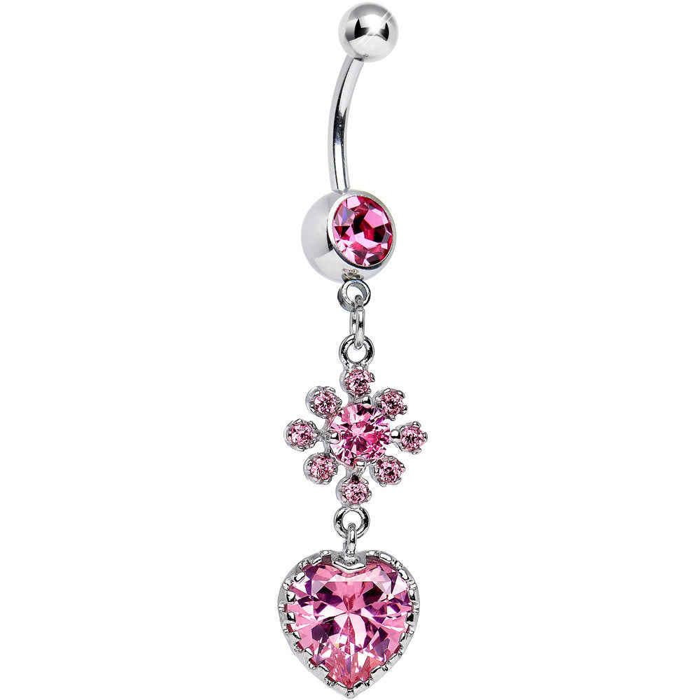 Pink CZ Flower Bomb and Heart Dangle Belly Ring