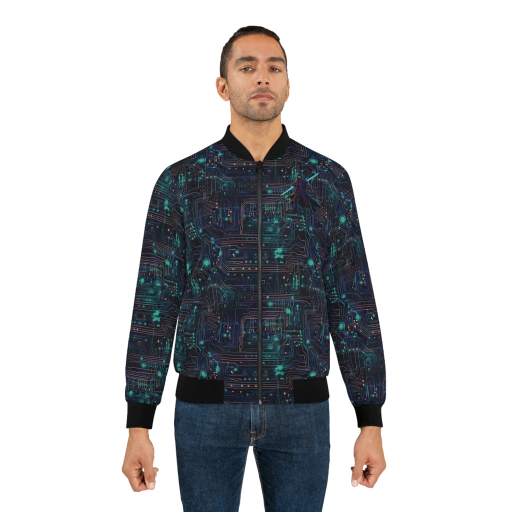 Cyberpunk Vanguard: Neon Circuit Board Men's Bomber Jacket (AOP)