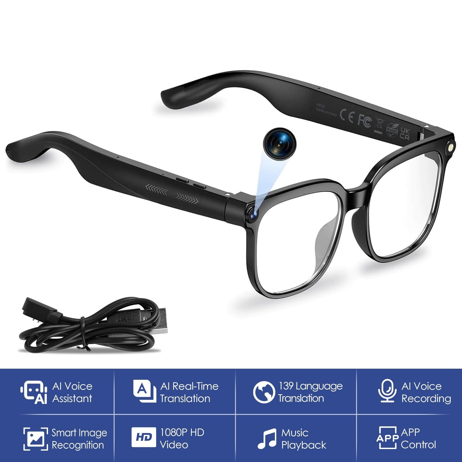 AI Smart Glasses Video Recording Sunglasses with Camera and Audio 8MP HD1080P Real Time Translation 139 Languages Voice Assistant AI Photo Recognition