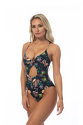 BLACK FLORAL CUTOUT ONE PIECE SWIMSUIT