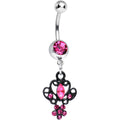 Pink Gem Black Brussels Lace and Flower Dangle Belly Ring