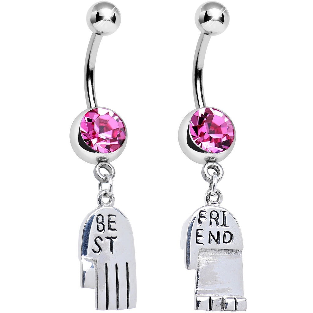 Pink Gem Holding Hands Best Friend Heart Dangle Belly Ring Set
