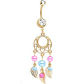 Clear Gem Gold Plated Pearly Feathers Dreamcatcher Dangle Belly Ring