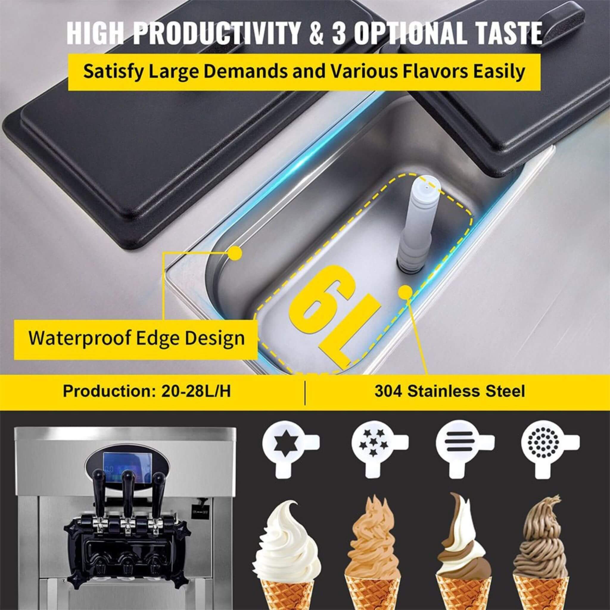 53-Inch Freestanding 3-Flavors Commercial Soft Serve Yogurt Ice Cream Machine Maker With Auto Clean (SAK74031)