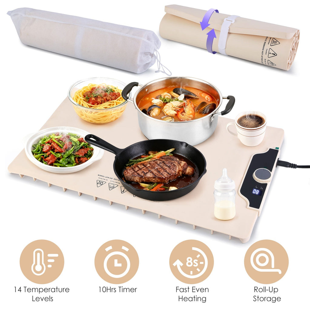Food Warming Mat 23.6X15.8In 300W Fast Heating Electric Silicone Food Warmer With 14 Temp Levels 10Hrs Timer Settings Roll-Up Portable Hot Plates Heat