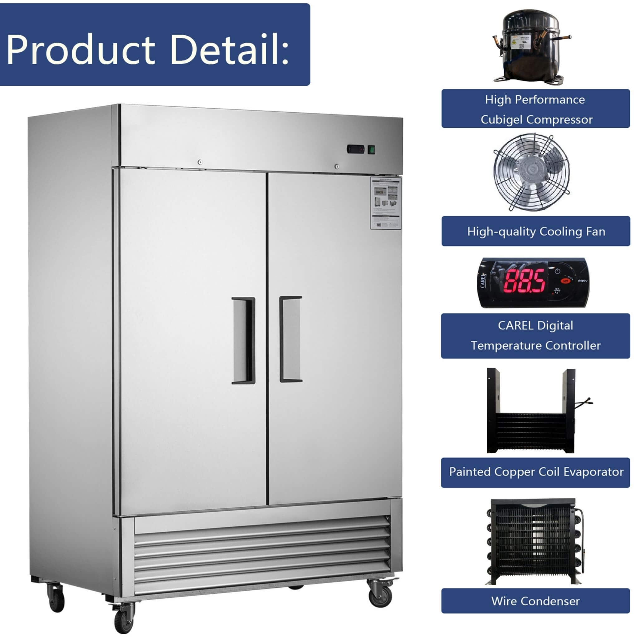 54-Inch 42.2 Cu.Ft Commercial Stainless Steel 2-Section Upright Reach-In Freezer (SAK35148)