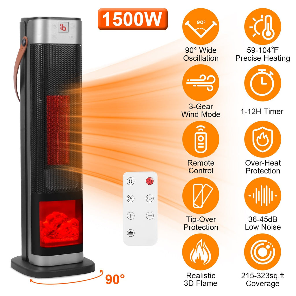 1500W Oscillating Ceramic Tower Space Heater with 3D Flame Portable Electric Heater with 3 Wind Modes 59-104℉Heating Remote Control 12H Timer Overheat