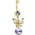Purple Gem Gold Titanium Round Droplet and Butterfly Dangle Belly Ring
