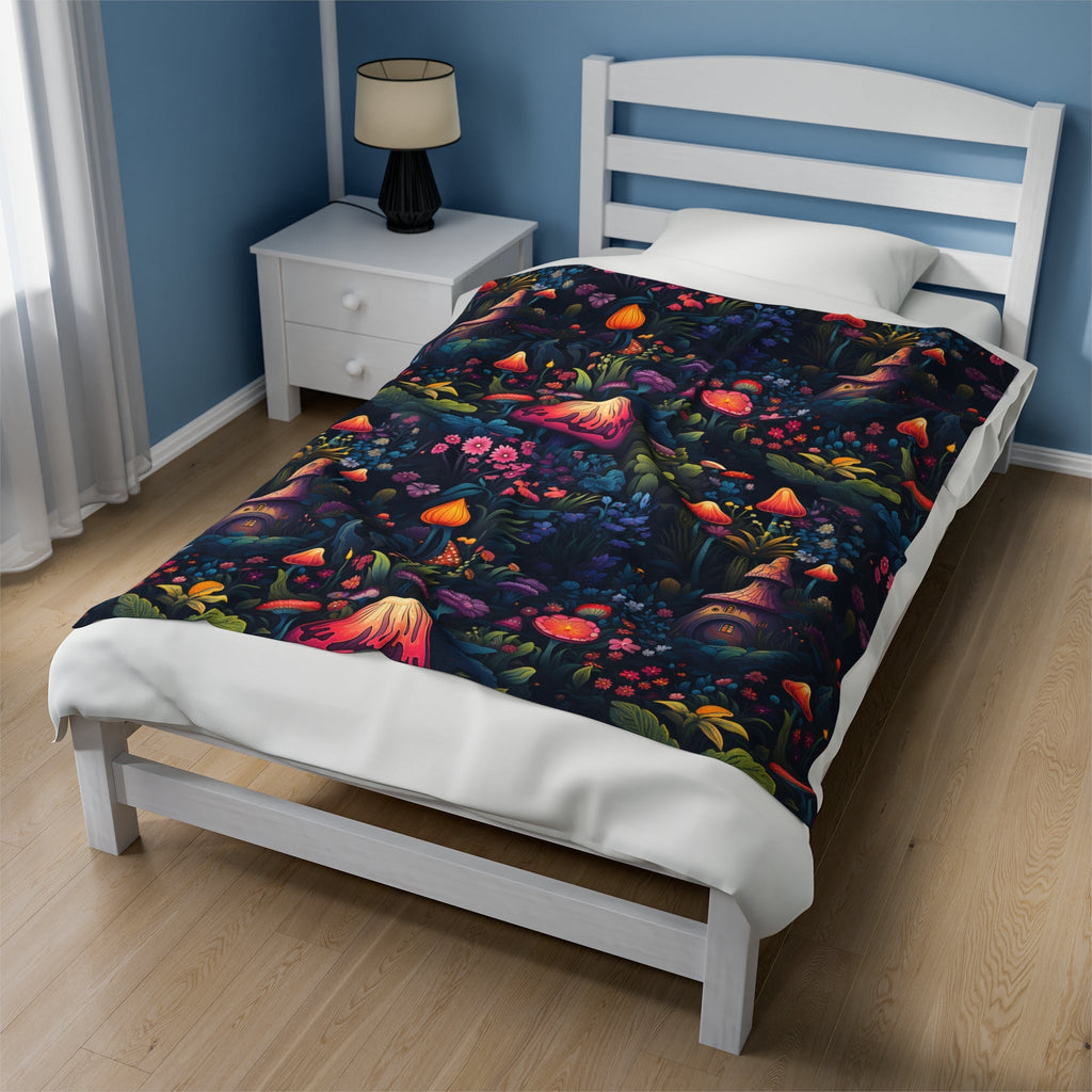 Fairy Tale Magical Forest With Colorful Mushrooms Velveteen Plush Blanket