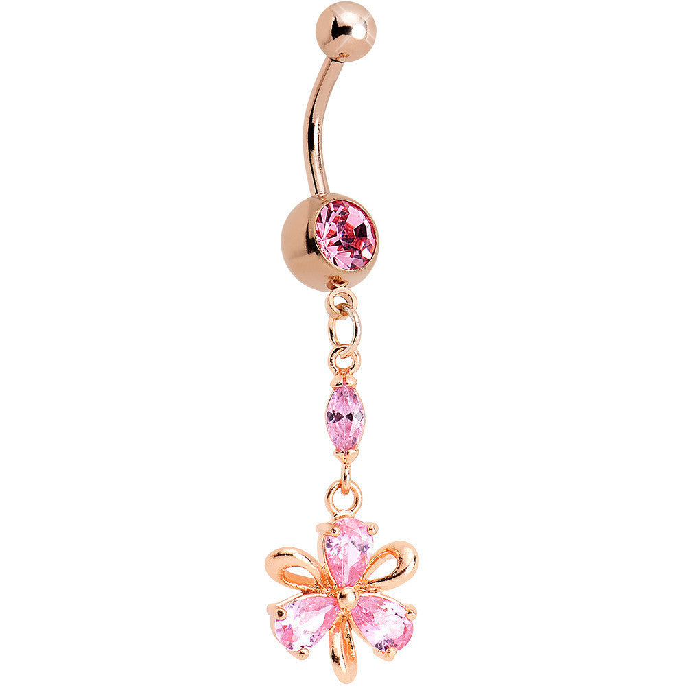 Pink CZ Rose Gold Plated Ribbon Flower Charm Dangle Belly Ring