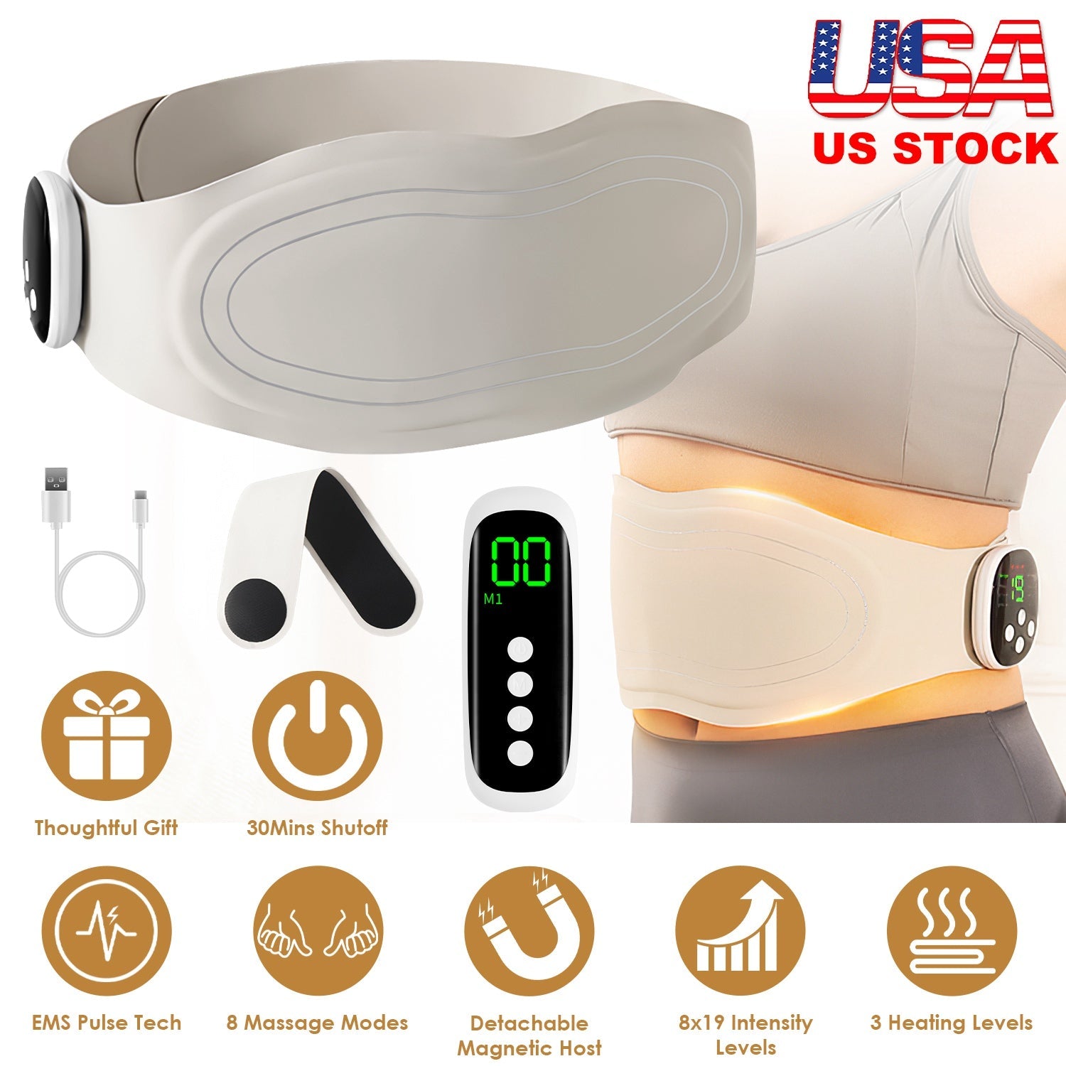 EMS Lower Back Massager Heating Pad Cordless Heating Pad for Back Belly Waist with Remote Magnetic Host 8 Modes 19 Intensity Levels 3 Heating Levels