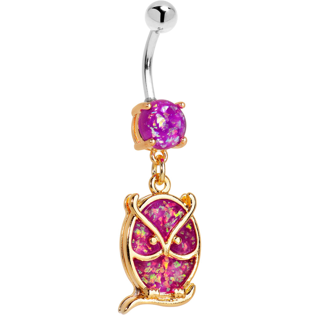 Purple Imitation Opal Gold Plated Wise Owl Dangle Belly Ring