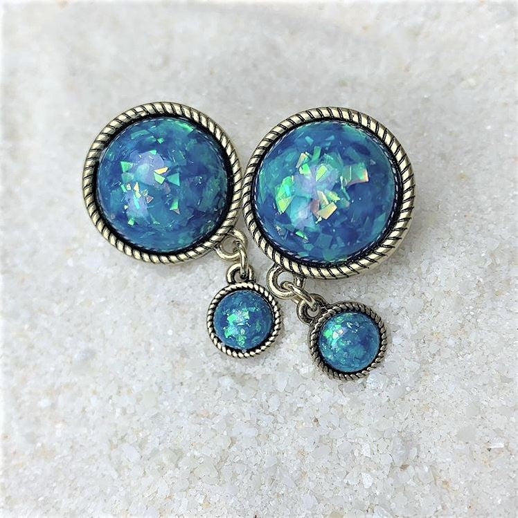 Double Aqua Imitation Opal Dangle Plug Sizes 5mm to 1 Inch