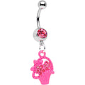 Pink Gem Bow Tied Pink Flower Basket Dangle Belly Ring