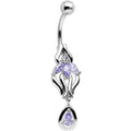 Purple Cubic Zirconia Ornate Orchid Flower Dangle Belly Ring