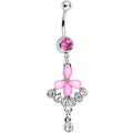 Pink Gem Clear Drops Glittery Flower Dangle Belly Ring
