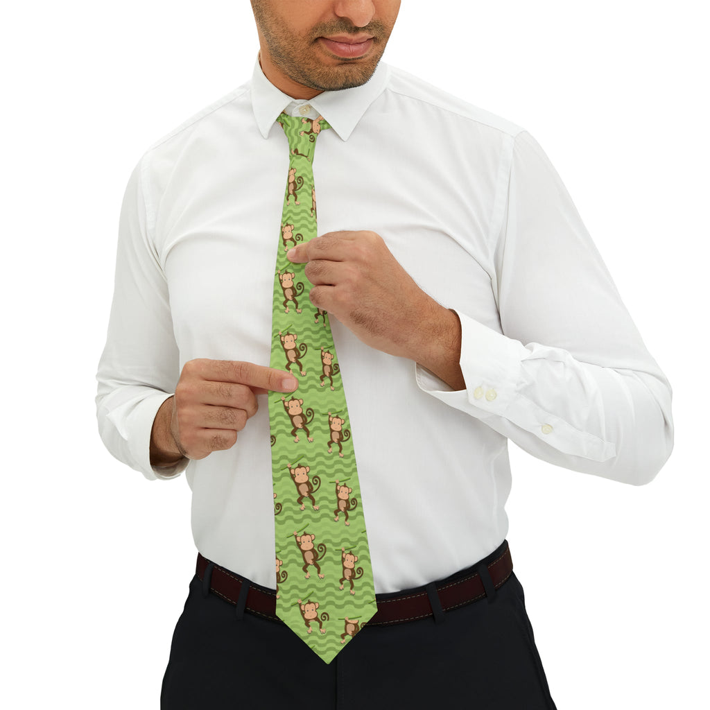 "DirkyThreadz Monkey Mayhem Necktie - Whimsical Green Design with Cartoon Monkeys"