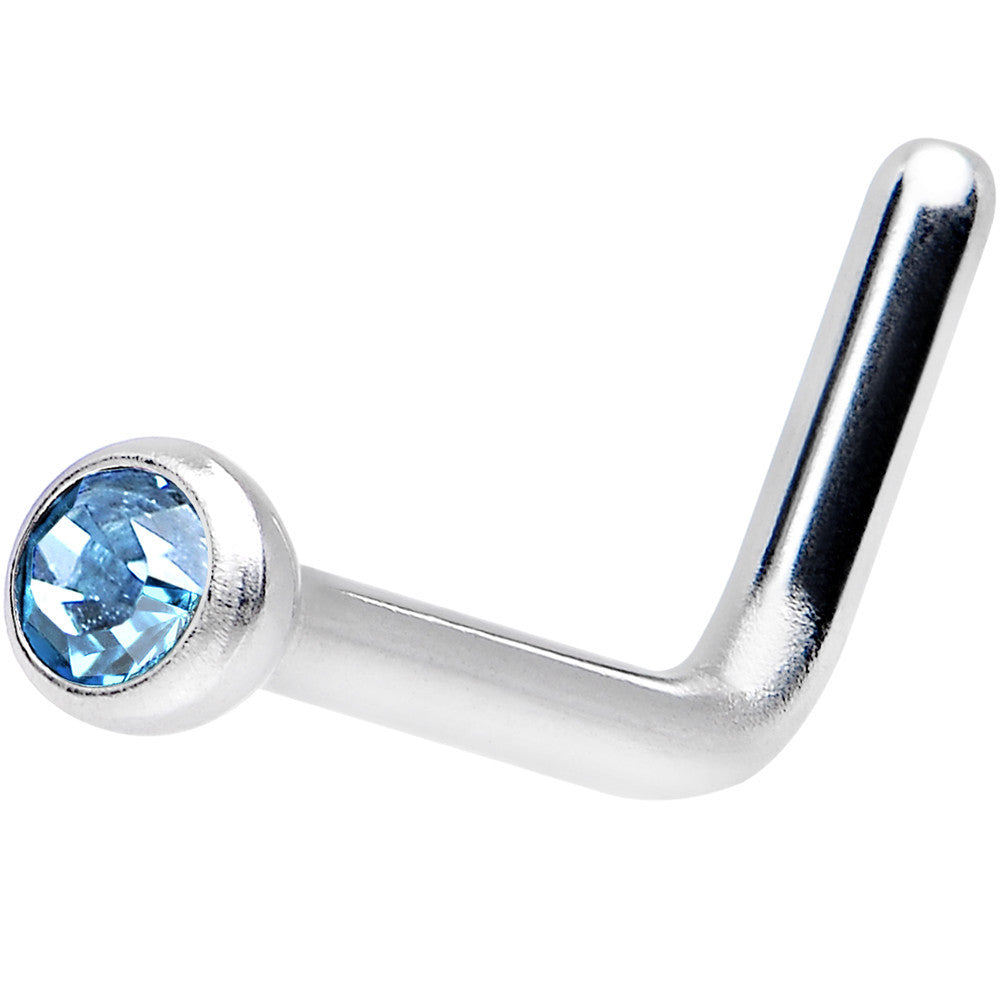 18G Aqua L-Shaped Nose Ring Created with Crystals