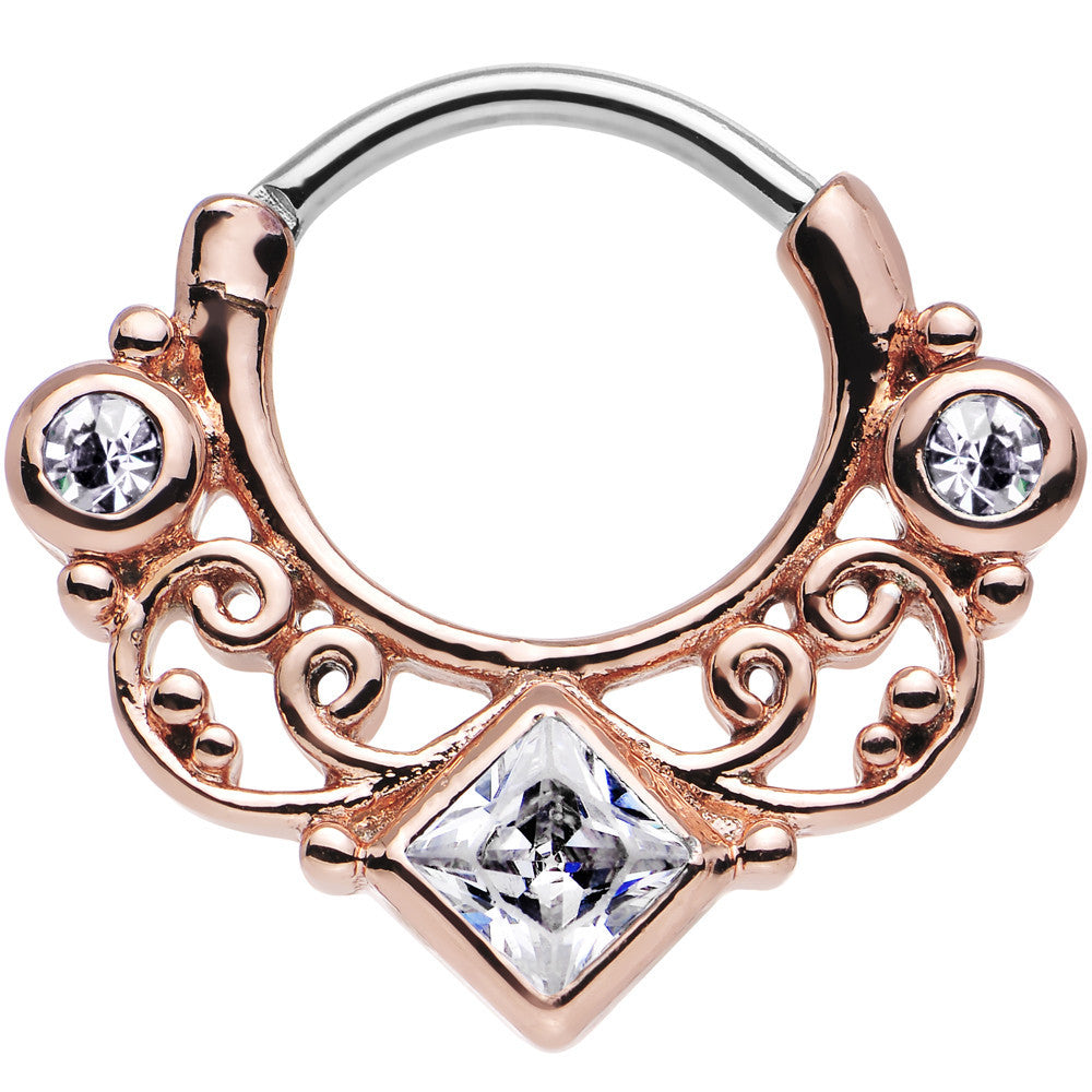 16G 3/8 Rose Gold IP Clear CZ Lahori Palace Septum Clicker