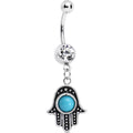 Clear Gem Aqua Orb Hamsa Hand Dangle Belly Ring