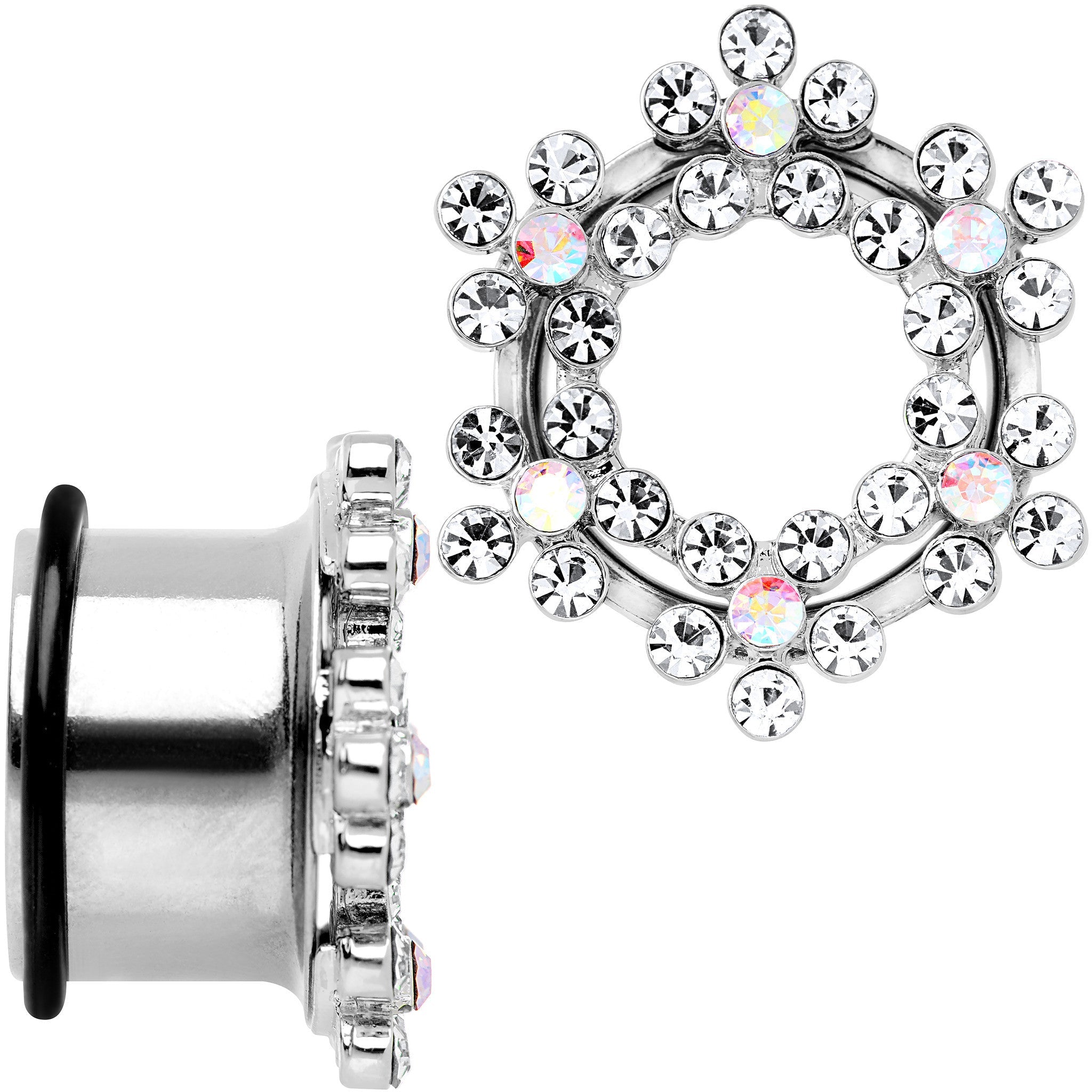 18mm Clear and Aurora Gem Snowflake Steel Tunnel Plug Set