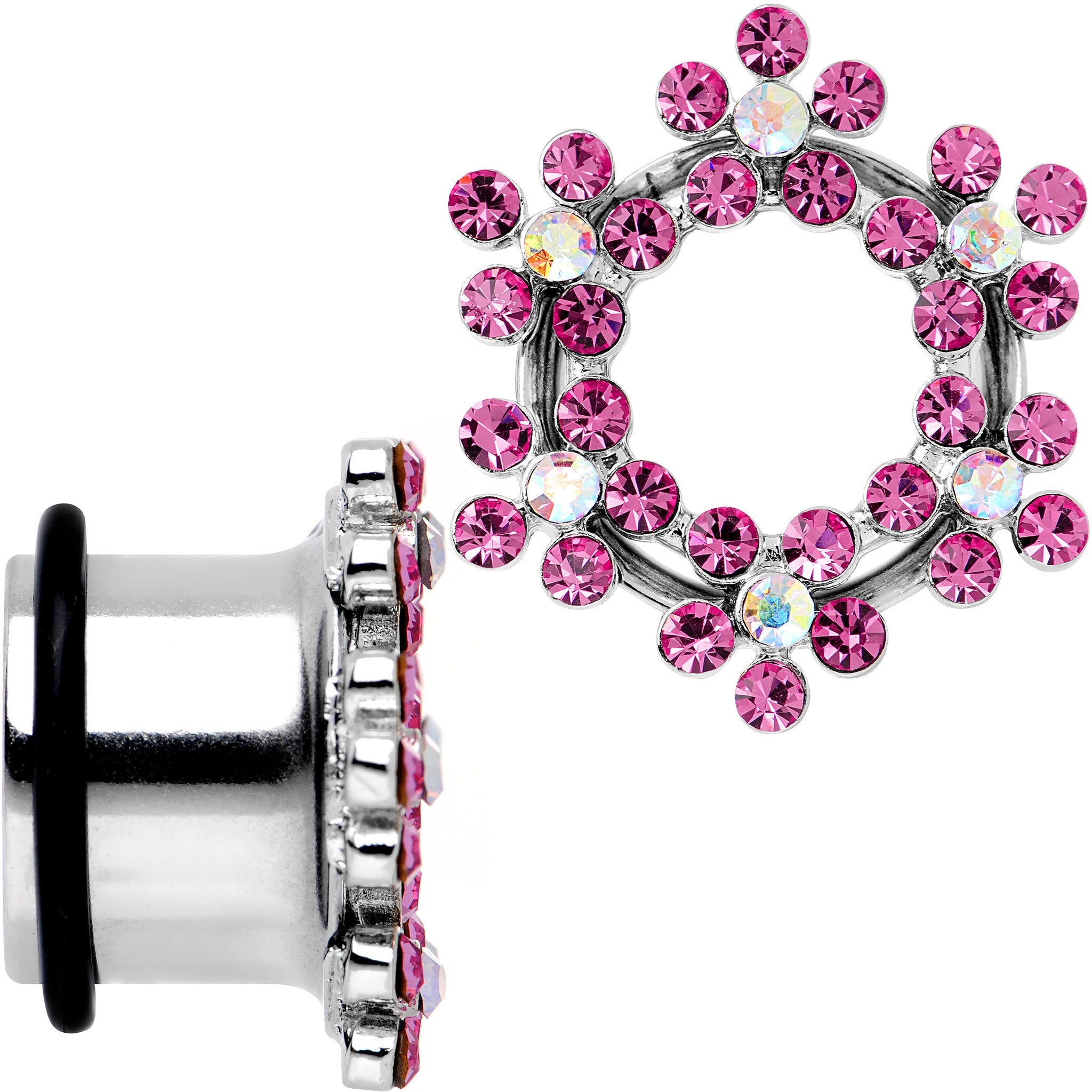 9/16 Pink and Aurora Gem Snowflake Steel Tunnel Plug Set