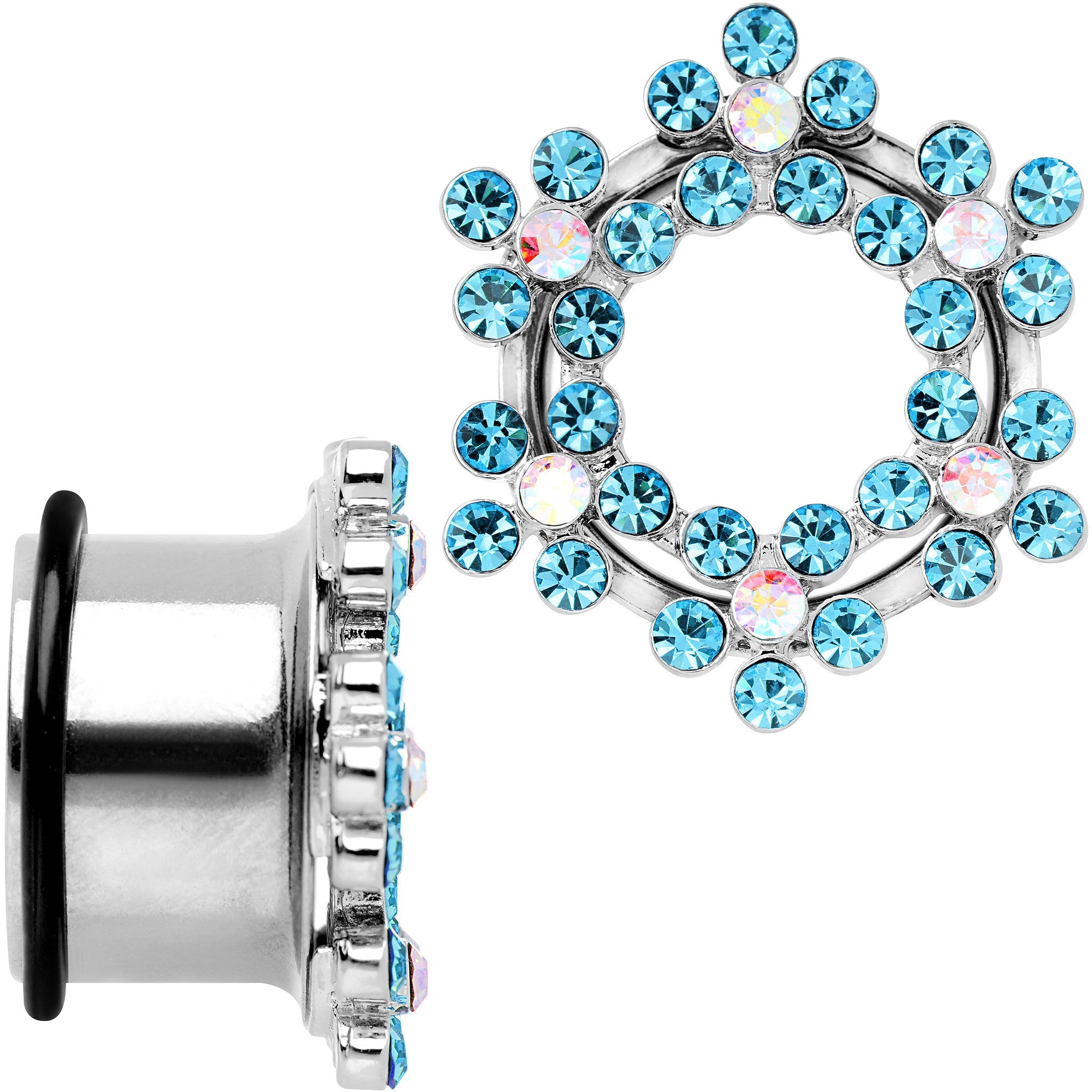18mm Aqua and Aurora Gem Snowflake Steel Tunnel Plug Set